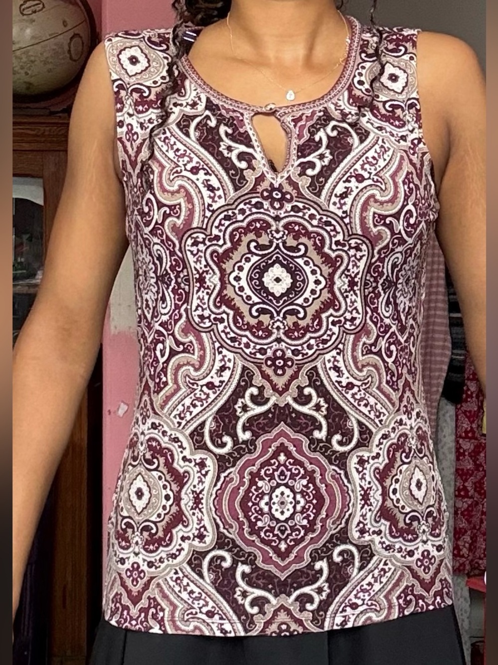 Ann Taylor Paisley Medallion Sleeveless Tank — Burgundy & White